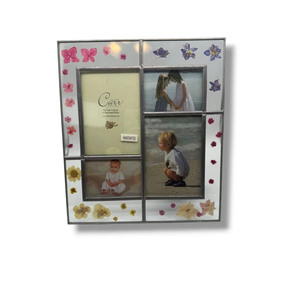 Vintage Carr Handcrafted Stained Glass Pressed Flower Collage Picture Frame